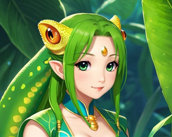 Fantastical Character with Green Hair and Nature Motifs
