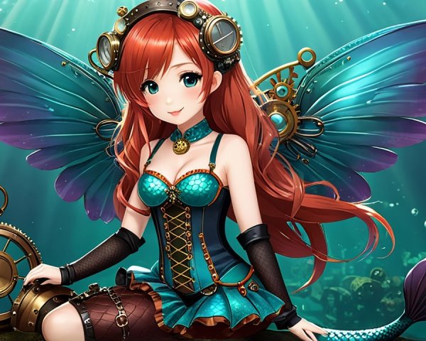 Whimsical Mermaid with Teal Wings Underwater Scene