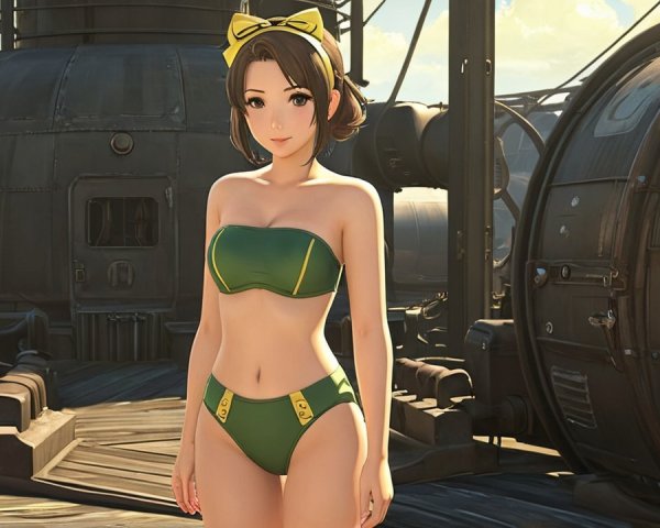 Playful Character in Green Bikini Amidst Machinery