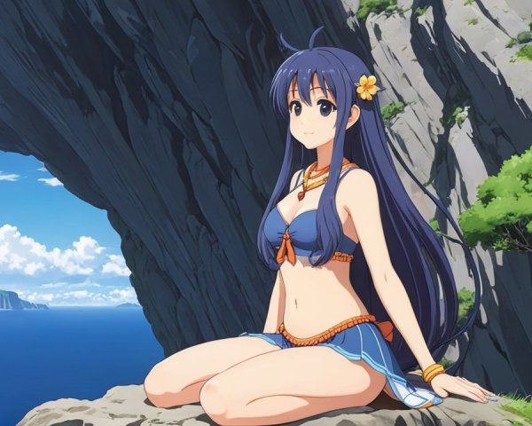 Young Woman in Bikini on Rocky Ledge by Ocean
