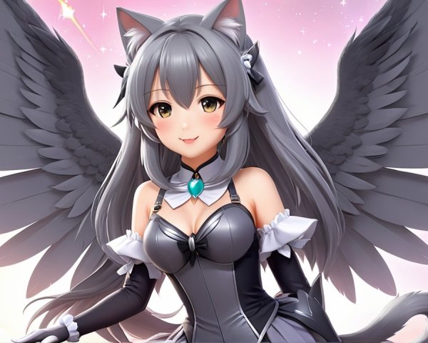 Fantastical Character with Cat Ears and Feathered Wings