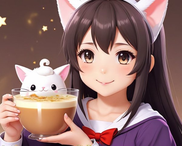 Character with Cat Ears and Cozy Beverage Scene