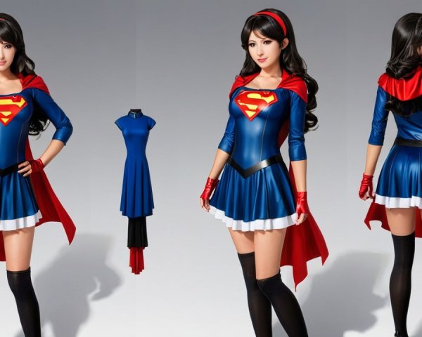 Female Superhero Costume with Blue Dress and Red Cape