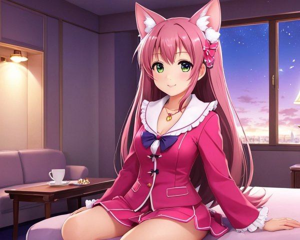 Cheerful anime girl in cozy hotel room at sunset