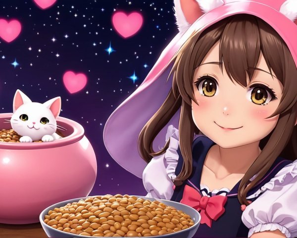 Cheerful girl with kitten in a whimsical setting