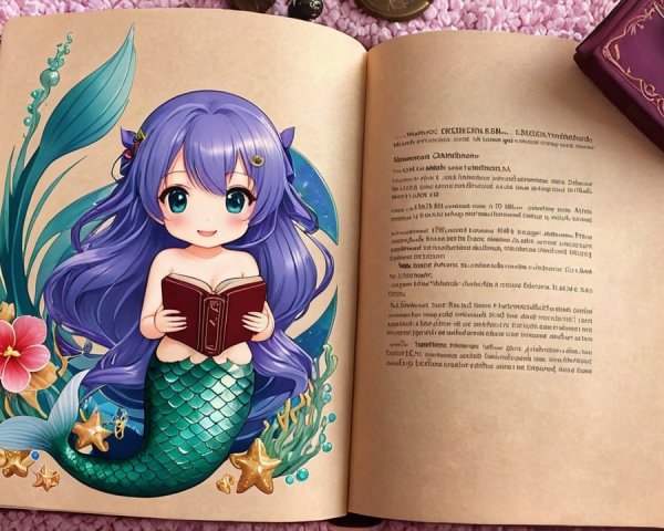 Open Book with Mermaid Illustration on Pink Surface