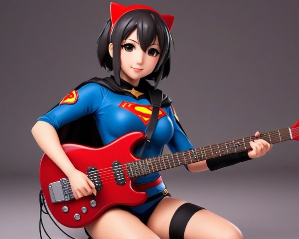 Anime Character in Superhero Outfit with Guitar