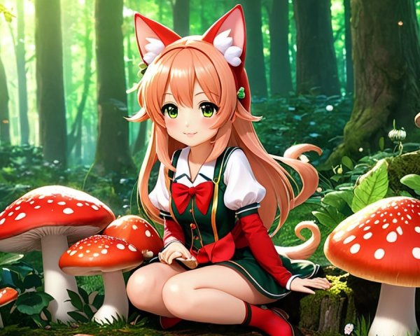 Young girl with fox ears in a colorful forest scene