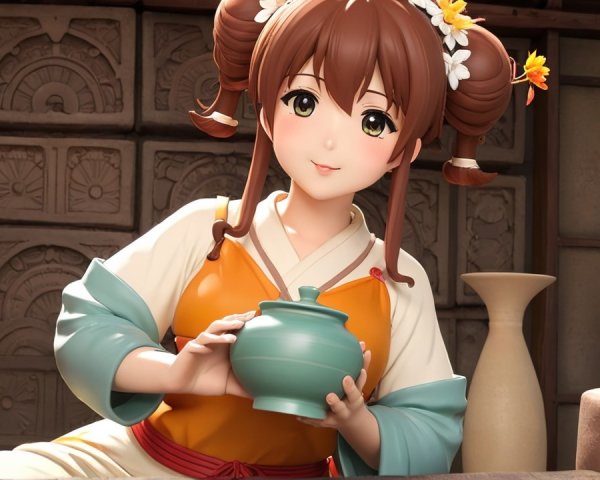 Young Woman in Rustic Kitchen with Clay Pots and Greenery