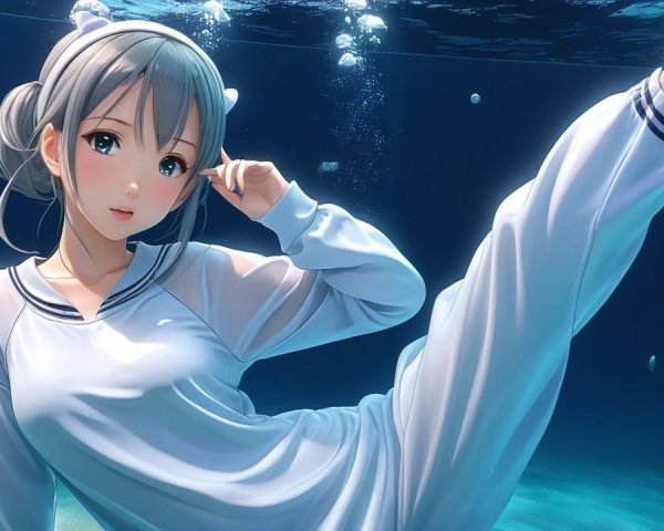 Underwater Scene with Young Woman in White Outfit