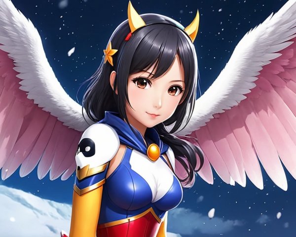Fantasy Character with Feathered Wings in Snowy Scene