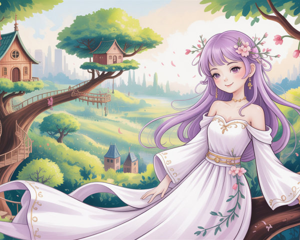 Anime Girl in Medieval Gown in Magical Forest Scene