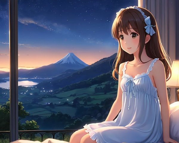 Serene Girl in Nightgown with Twilight Mountain View