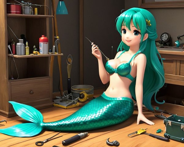 Mermaid in Workshop with Tools and Cozy Atmosphere