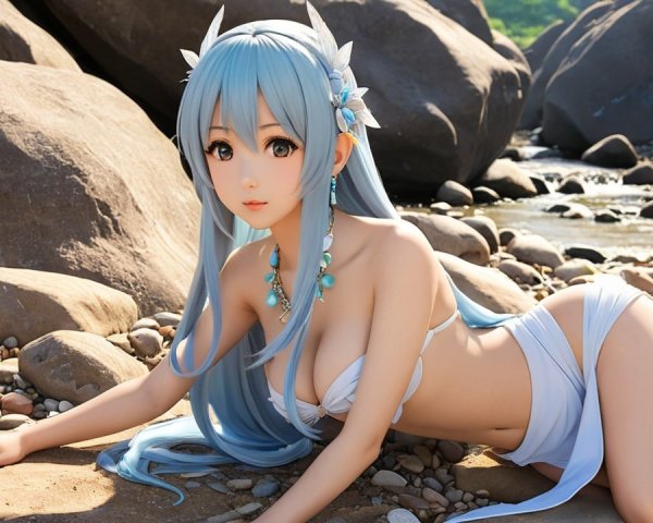 Anime Character with Blue Hair on Rocky Beach Scene
