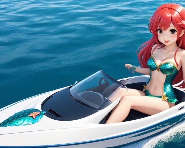 Anime Character in Speedboat with Mermaid Bikini