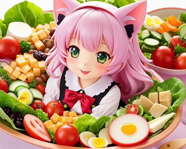Whimsical Anime Character in a Salad Bowl Scene