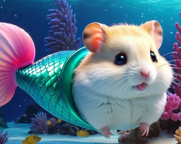 Whimsical Underwater Scene with Cute Hamster Mermaid