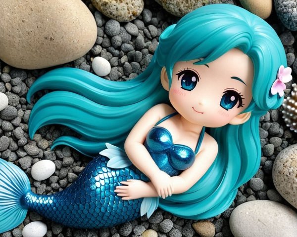 Stylized mermaid figure among pebbles and seashells