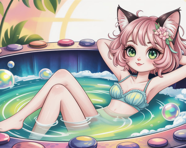Anime-style furry girl in a hot tub with cat ears