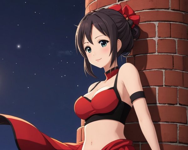 Anime girl under a starry night sky by a brick pillar