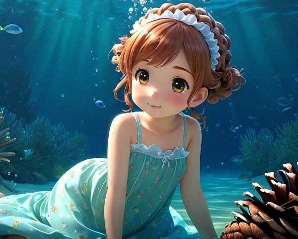 Underwater Scene of a Girl in a Blue Dress with Coral