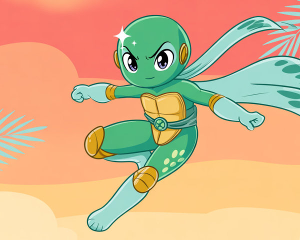 Bright Green Cartoon Turtle Superhero on Tropical Beach