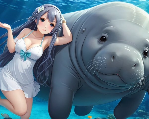 Whimsical Underwater Scene with Gray-Haired Character