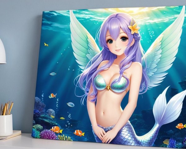 Fantastical mermaid with lavender hair and wings