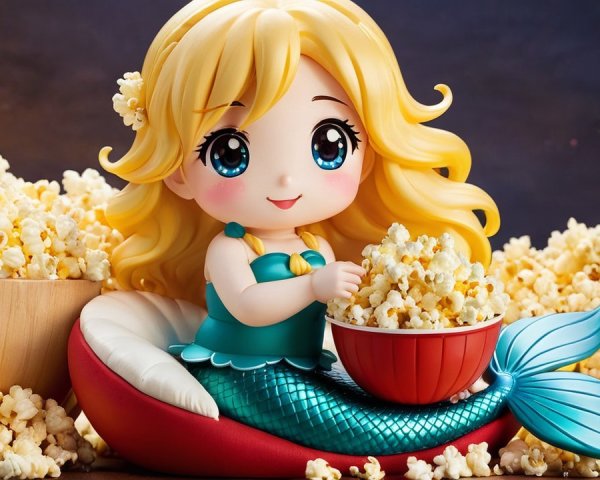 Cartoon Mermaid Enjoying Popcorn in Playful Scene