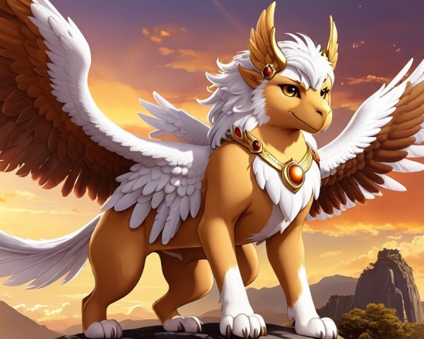 Griffin on Rocky Ledge Against Vibrant Sunset Sky