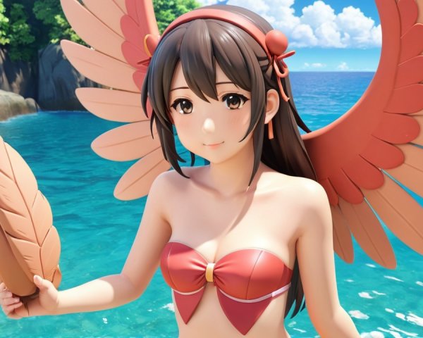 Young Woman with Red Wings on Tropical Beach