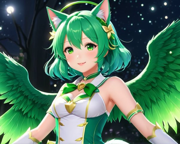Vibrant Character with Green Hair and Wings in Forest