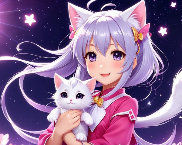Cheerful girl with lavender hair and kitten in pink outfit
