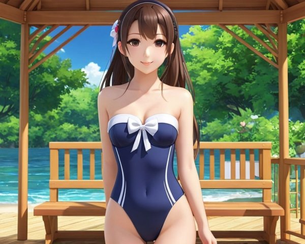 Young woman in navy swimsuit at lakeside gazebo