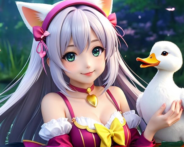 Cheerful character with cat ears and friendly duck