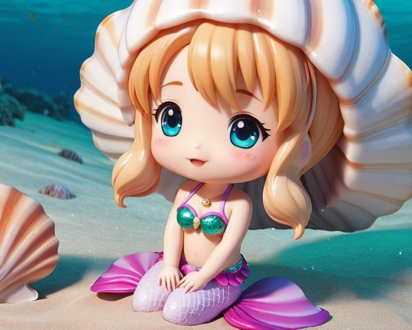 Chibi Mermaid Girl on Ocean Floor with Coral Surroundings