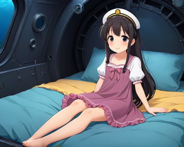 Young girl in submarine with underwater scene view