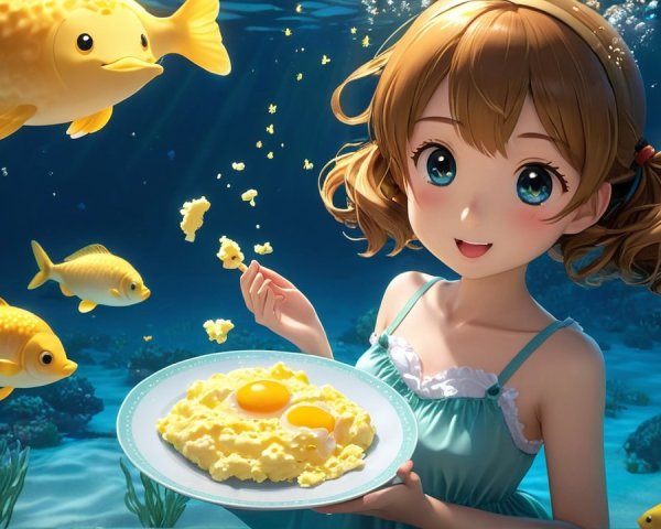 Cheerful Girl Underwater with Colorful Fish and Eggs