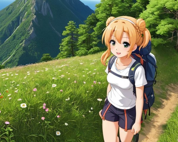 Cheerful girl hiking on a scenic nature trail