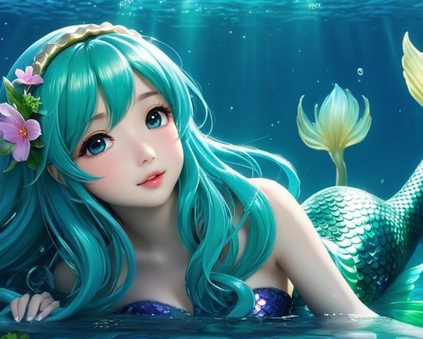 Mermaid with Turquoise Hair in Vibrant Underwater Scene