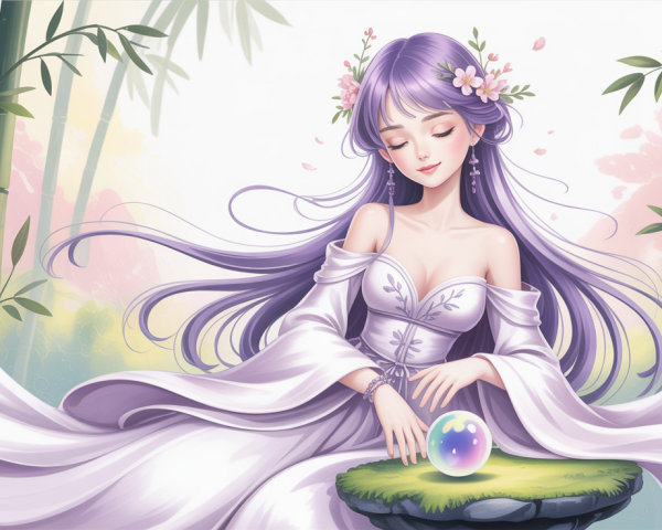 Anime Illustration of Young Woman in Dreamy Landscape