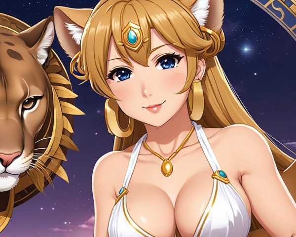 Stylized Character with Feline Features and Lioness Companion