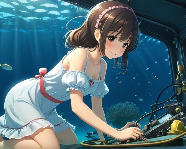 Young girl in a submersible amid vibrant underwater scene