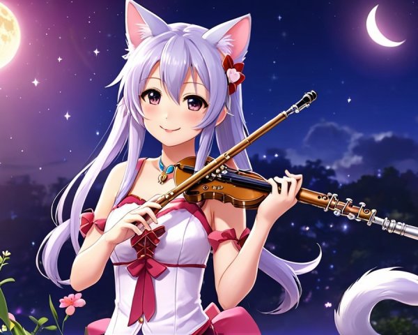 Charming Character with Cat Ears in Moonlit Setting
