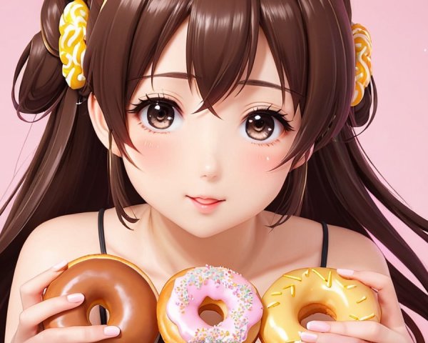 Young woman with playful donut accessories and donuts