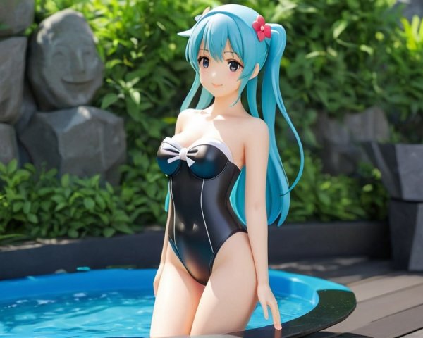 Vibrant Outdoor Scene with Turquoise Hair and Pool