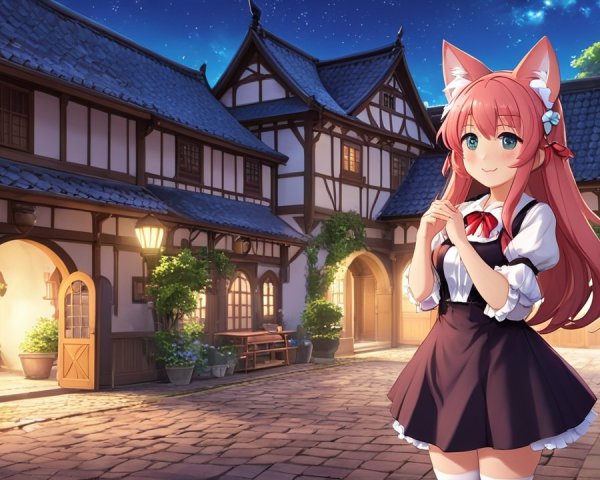 Charming Anime Character in a Quaint Night Village