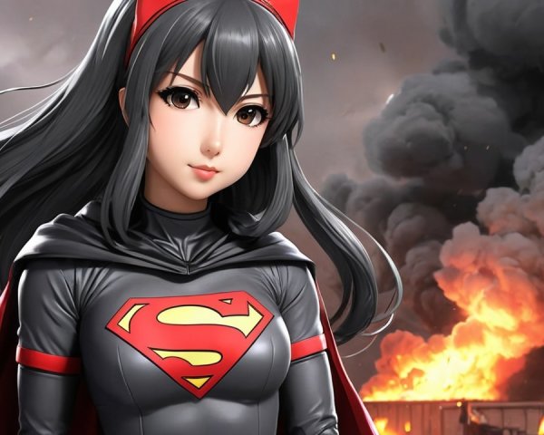 Young superheroine in black and red costume with flames