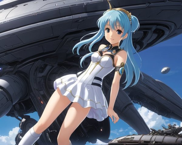 Futuristic Scene with Female Character and Spacecraft